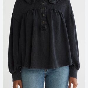 We The Free Black Long Sleeve Henley Peasant Top